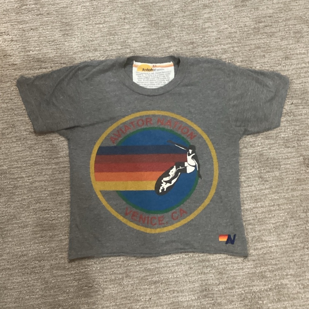 Aviator Nation Gray Tee with Rainbow and Feather Graphic
